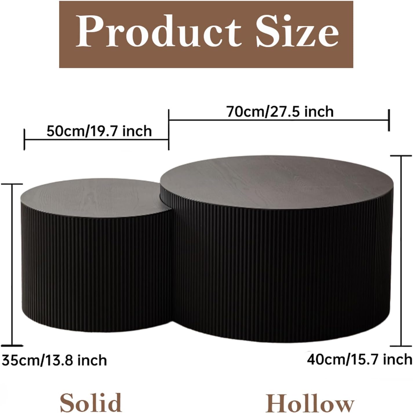 Round Nesting Coffee Table Black Round Fluted Coffee Table Set of 2 for Living Room Small Circle Drum Coffee Tables Crescent End Table (Black B 27in)