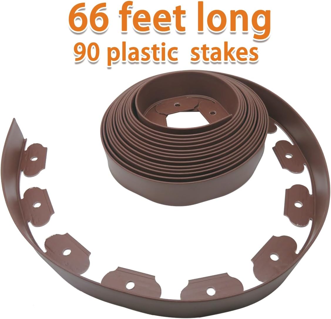 Landscape Edging Border, Plastic Edging for Landscaping, Garden Edging Border,Lawn Edging,Garden Borders,Flower Bed Edging no dig,Rubberific Landscape Edging, (Plastic Stakes, Brown-66Feet)
