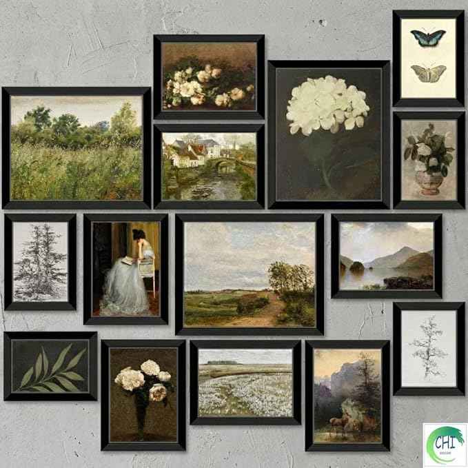 LANCHI95 15 Pcs Vintage Wall Art Decor Framed, Vintage Posters for Room, Vintage Art Prints, Moody gallery wall art, Wall Print for Bedroom, Moody Wall Decor, French Country Decor (FRAMED)