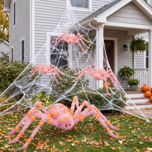 4 Pack Large Halloween Light up Spiders Decorations 4ft 2.9ft 2.4ft 2ft Black Fake Giant Light up Spider Bendable Outdoor Yard for Halloween Garden Party Decor (pink with orange light)