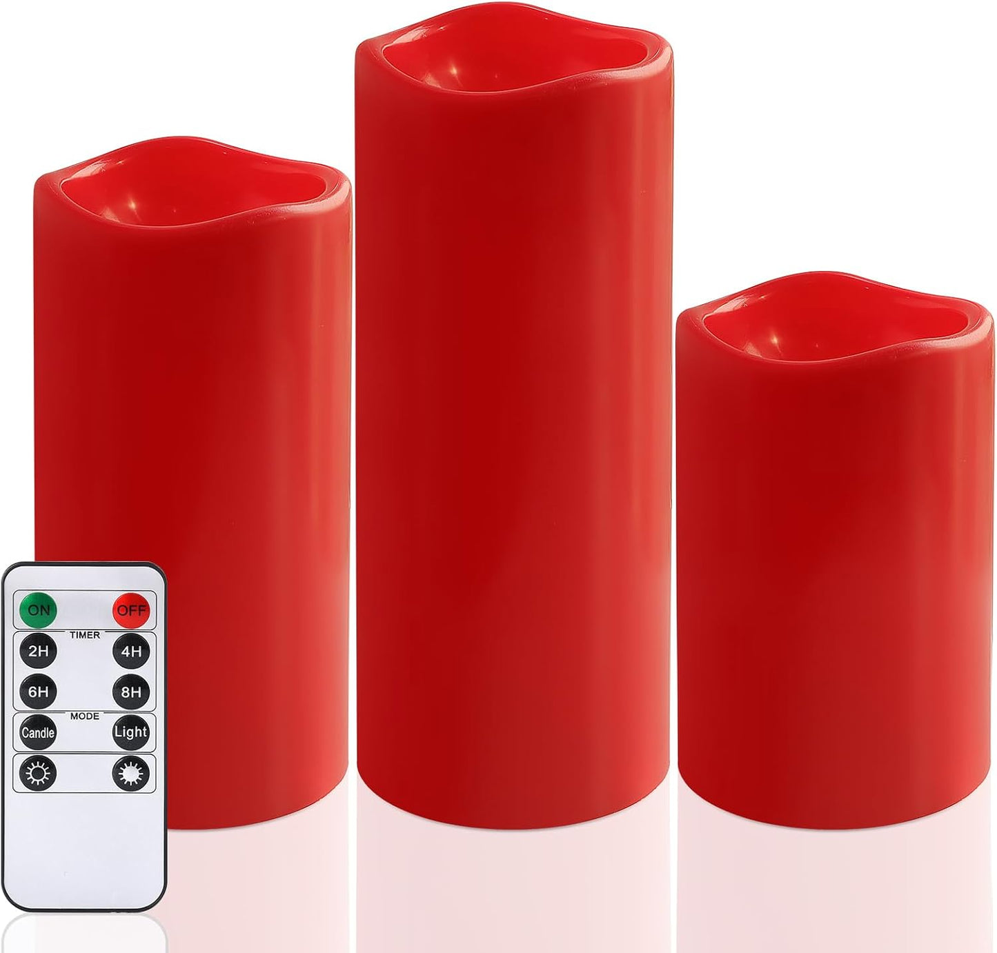 NURADA Large Waterproof Flameless Candles 6" 8" 10" x 4" - Outdoor Indoor LED Pillar Flickering Candle Battery Operated with Timer Remote for Patio Porch Christmas Decor - Red Set of 3