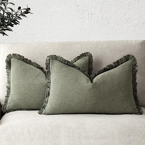 Boho Linen Fringe Lumbar Throw Pillow Covers 12×24 Olive Green (2 Count)