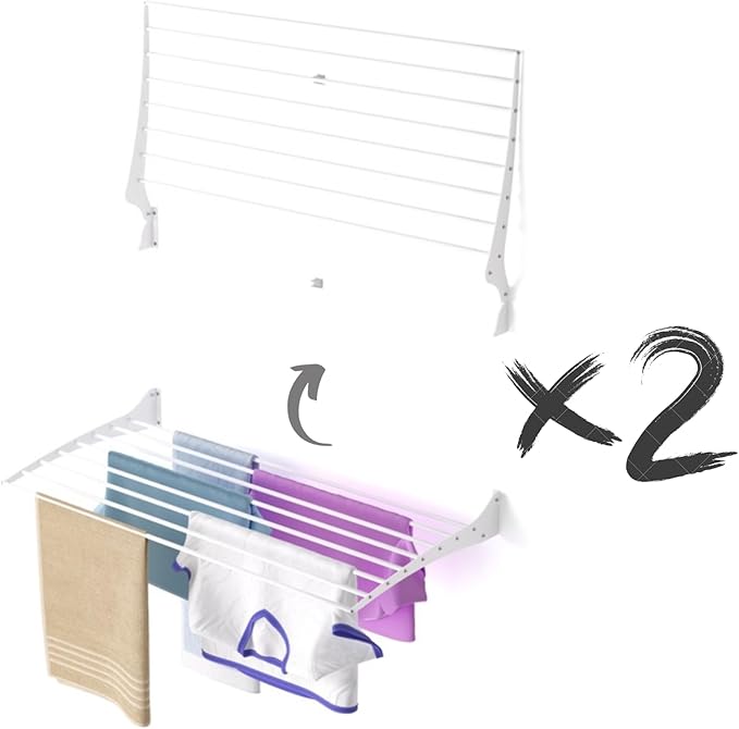 foxydry Fold, Wall Drying Rack, Vertical Drying Rack for Indoor and Outdoor Aluminium and Steel (White - Closing Up, 2X Fold 100)