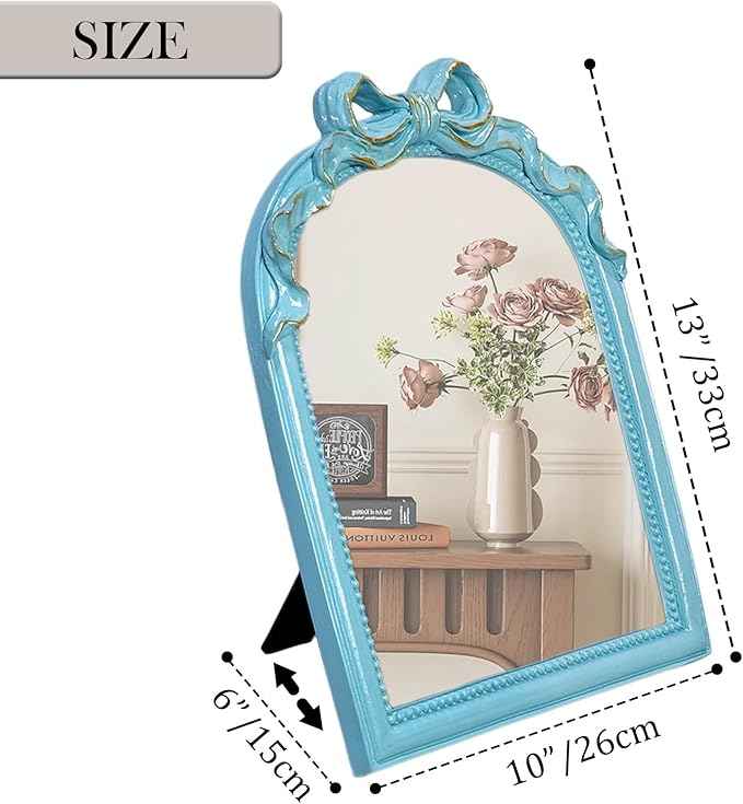 Blue Bow Mirror - 13x10 Inch Perfect Elegant Decorative Accent, Wall-Mounted Tabletop Makeup Mirror for Nursery Baby Room Bedroom Decor