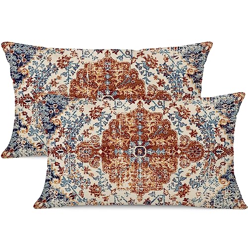 Outdoor Waterproof Pillow Covers 12X20 Inch Set of 2 Bohemian Vintage Carpet Pattern Pillow Covers Brown Blue Ethnic Design Decorative for Couch Garden Balcony (7 Count)