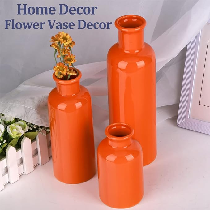 Ceramic Vase Set - 3 Orange Small Vases, Farmhouse Country Flower Vase Home Decor, Living Room Decoration, Table Decoration, Fireplace Decor, and Entrance Decorations Centerpieces