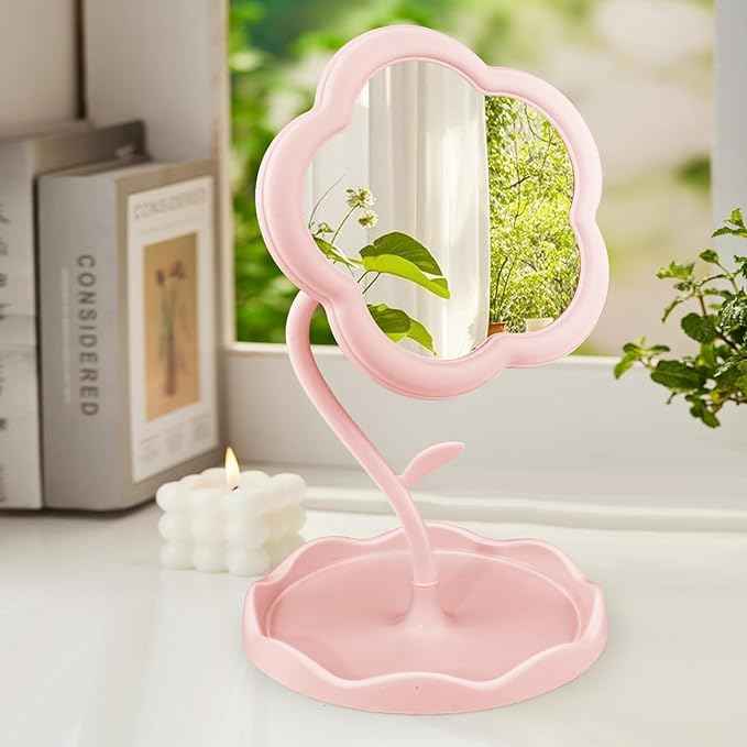 Vanity Mirror, Desk Flower Compact Adjustable Desk Mirror, Office Cubicle with Jewelry Tray & Foundation Brush, Cute Makeup Mirror with Standing, Home Decor for Bedroom Living Room Dormitory(Pink)