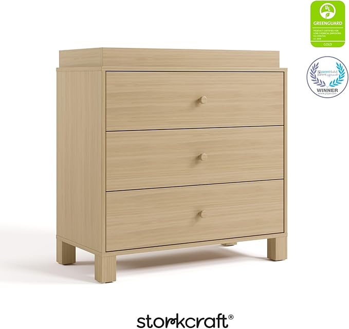 Storkcraft California 3-Drawer Chest with Removable Changing Topper (Driftwood) – GREENGUARD Gold Certified, Interlocking Drawer System, Pre-Installed Tracks, Easy Assembly