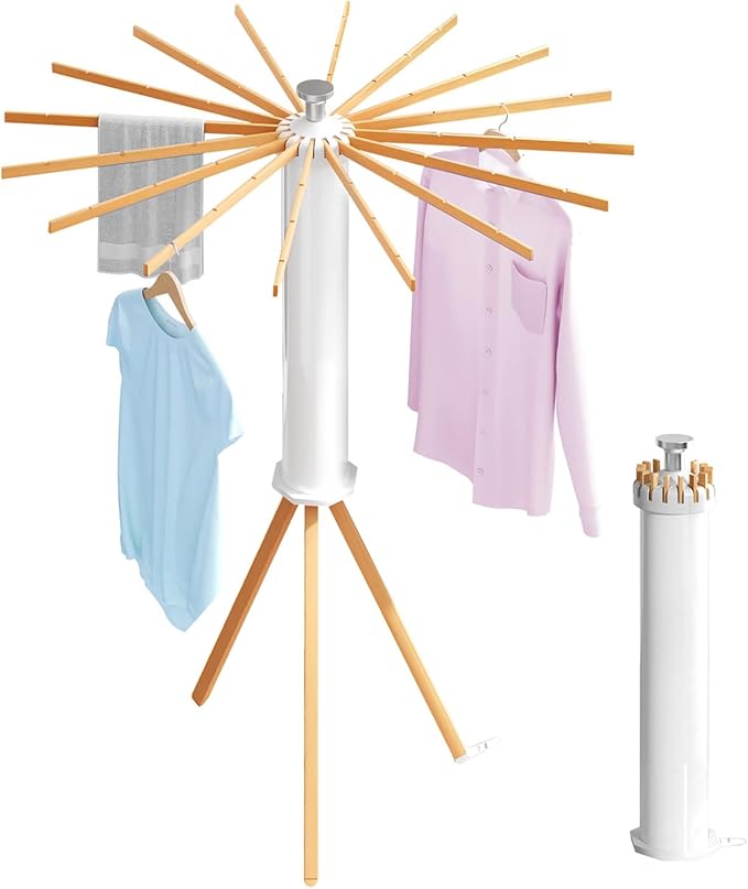 Tripod Clothes Drying Rack, Garment Rack Portable -16 Rotatable Arms for Hanger, Foldable Space Saving Laundry Drying Rack for Indoor Outdoor Apartment Balcony Bedroom Household, Wood