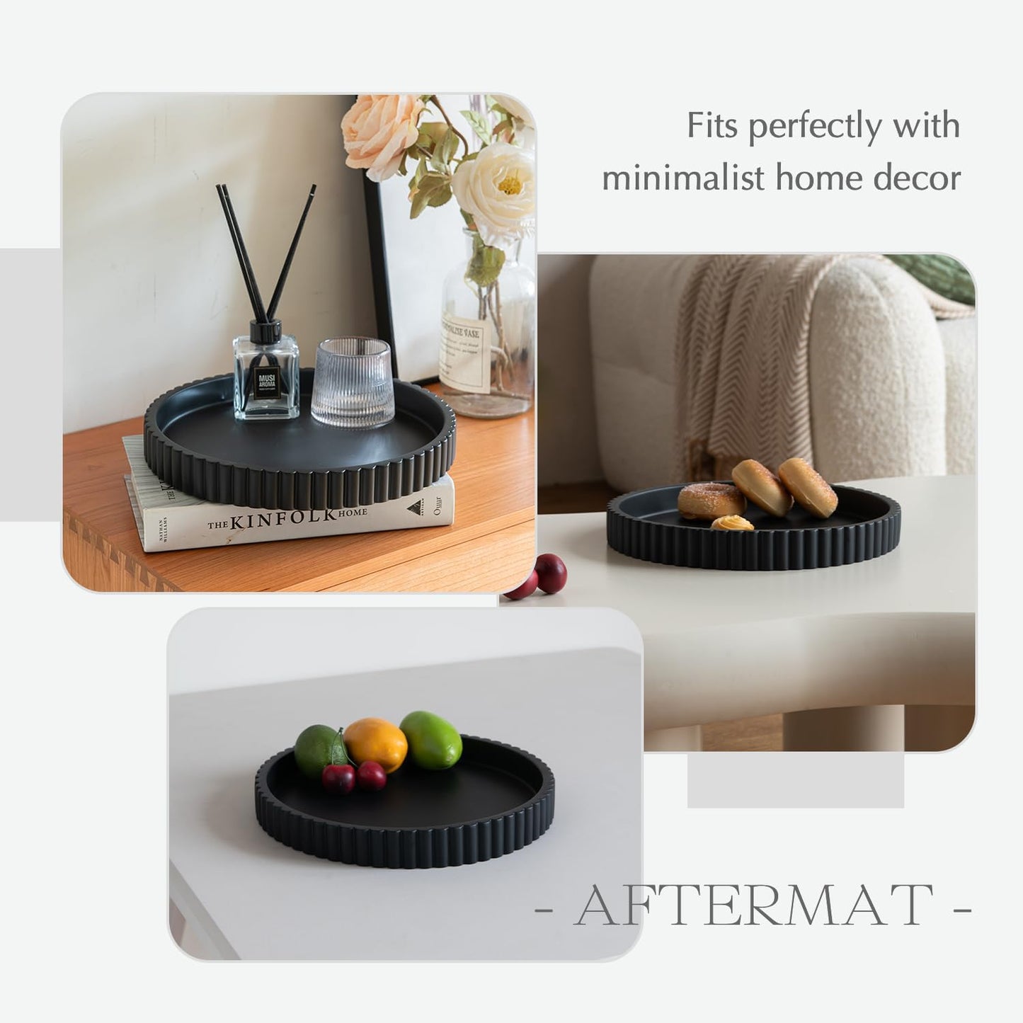 Decorative Tray for Coffee Table, Living Room, Side Table, 11" Black Round Concrete Home Decor Serving Trays for Accent Table, Console Table