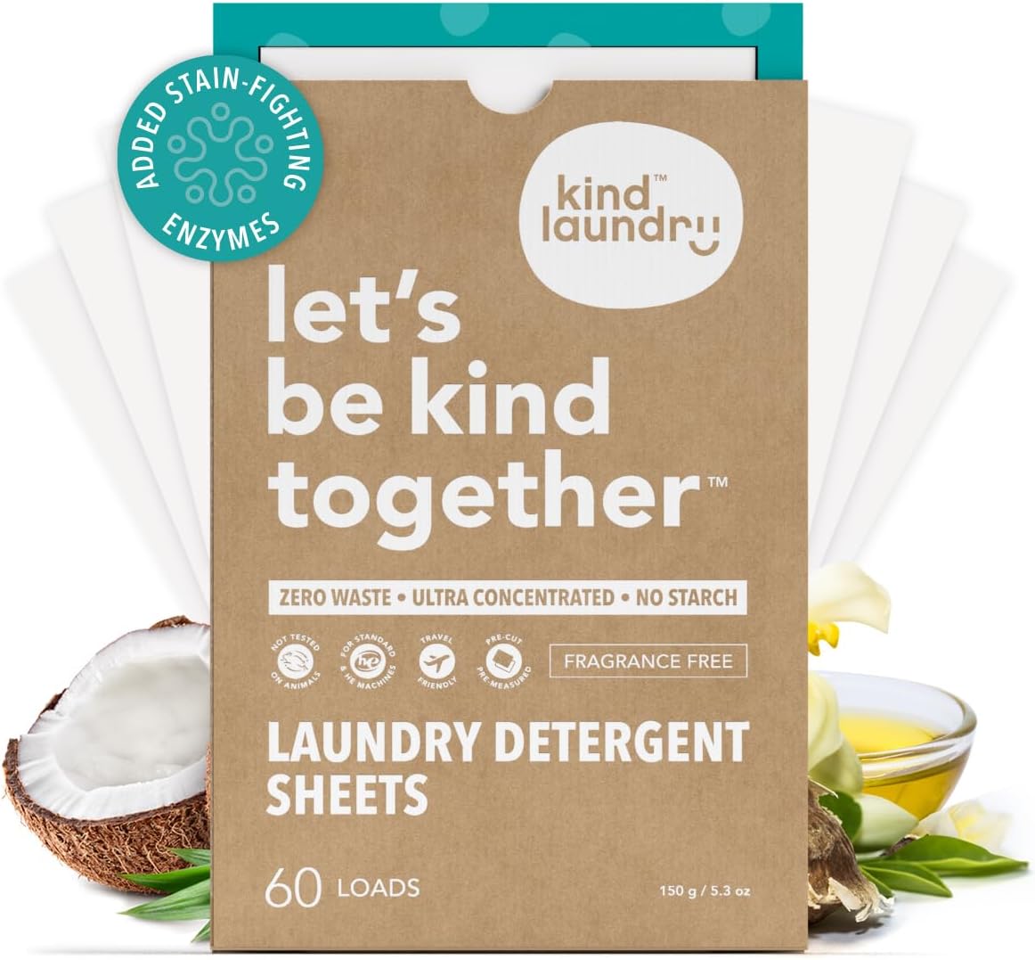Kind Laundry Detergent Sheets with Stain-Fighting Enzymes - Plant Powered Eco-Friendly Laundry Soap Sheets - Home or Travel Laundry Detergent Fragrance Free, 60 Loads (Mom's Choice Award Winner) - Décor Diaries