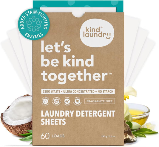 Kind Laundry Detergent Sheets with Stain-Fighting Enzymes - Plant Powered Eco-Friendly Laundry Soap Sheets - Home or Travel Laundry Detergent Fragrance Free, 60 Loads (Mom's Choice Award Winner) - Décor Diaries