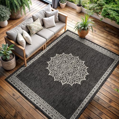 Outdoor Rug 5x7 Medallion Darkgray Modern Area Rugs for Indoor and Outdoor Patios Kitchen and Hallway Mats Washable Porch Deck Outside Carpet (35 Sq Ft)