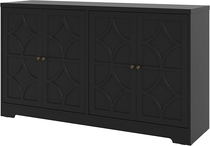RoyalCraft Sideboard Buffet Cabinet, 56" Modern Credenza with 4 Doors and Adjustable Shelves, Wood Accent Cabinet Console Media for Entryway, Living Room, Kitchen, Satin Black