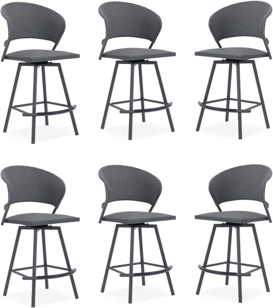 VICLLAX Patio Bar Stool Chairs with Footrests and Padded Seat, Bar Height Swivel Patio Chairs Set of 6, Woven Wicker Swivel Bar Stools for Lawn Garden, Grey