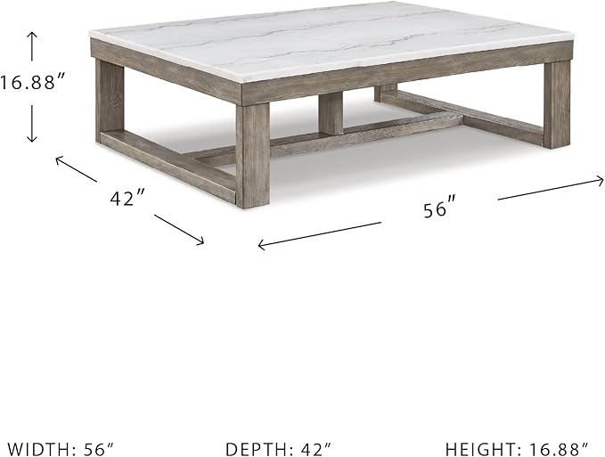 Signature Design by Ashley Loyaska Casual Rectangular Cocktail Table, Natural Marble Top, Oak Veneer, 56" W x 42" D x 16.88" H, White & Light Gray & Brown