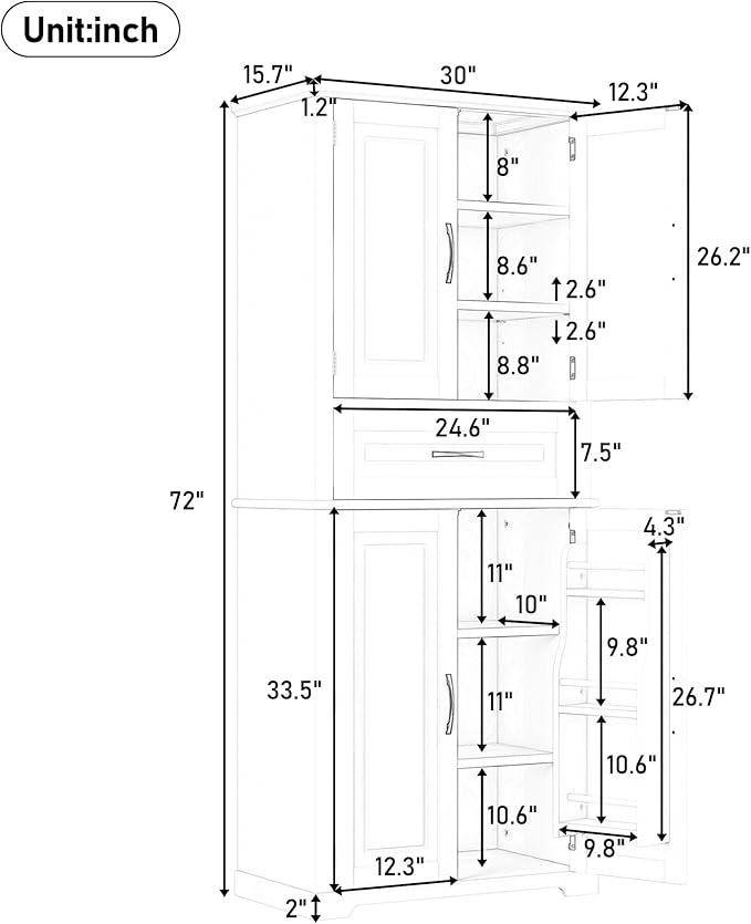 72" Storage Cabinet with Multi-Functional Rack Organizer, Tall Kitchen Cupboard Pantry for Home/Living Room/Office/Bathroom, Adjustable Shelf, White