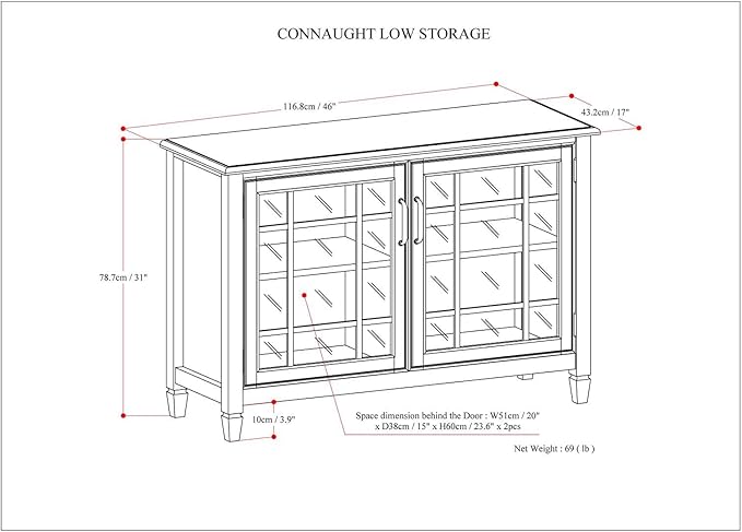 SIMPLIHOME Connaught Storage Cabinet - 46 inch Wide Solid Wood Low Storage Cabinet in Dark Chestnut Brown, Traditional Console for Living Room, Entryway, or Dining Room with Glass Doors and Shelves
