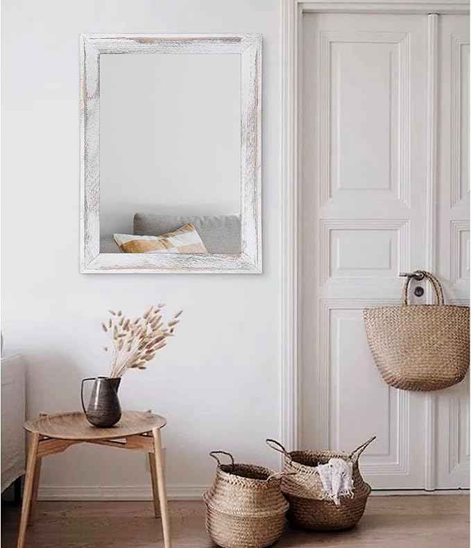 AAZZKANG Mirrors for Wall Rustic Wood Framed Hanging Mirror 26"x18" Decorative for Farmhouse Bedroom Bathroom Living Room Entryway Hallway White