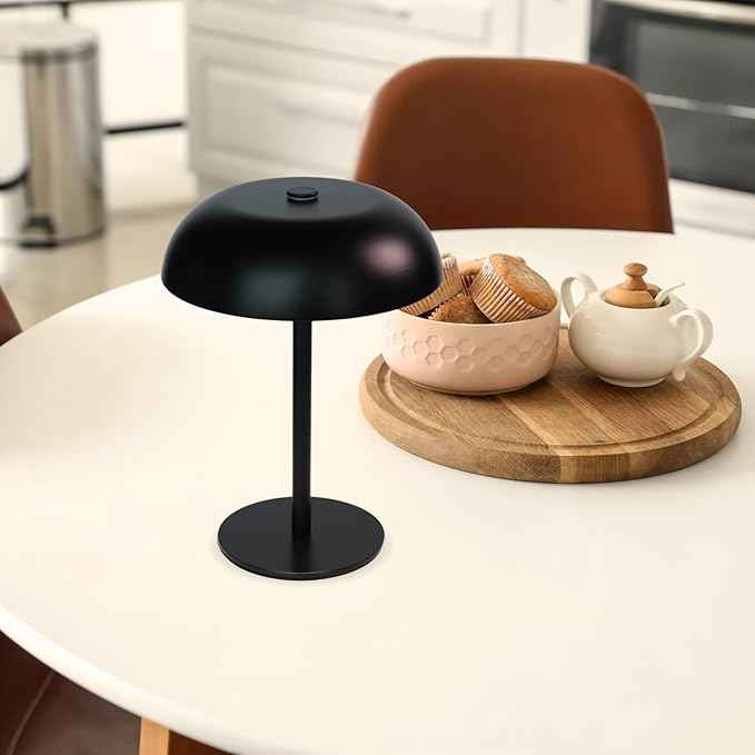 Portable LED Mushroom Table Lamp, 8.46'' Small Cordless Desk Night Light with 5200mAh Rechargeable Battery, Stepless Dimming Lamp with 3 Colors for Bedroom/Bar/Coffee Shop (Black)