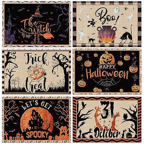 6 Pcs Halloween Placemats 12"x18" Gothic Bat Placemats Kitchen Decoration Washable Witch Place Mats Rectangle Skull Table Mats for Halloween Dining Table Accessories