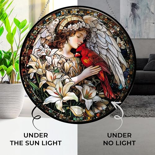Angel with Red Cardinal Stained Glass Suncatcher Window Hangings
