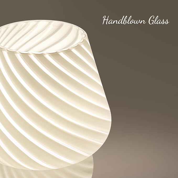 ONEWISH Mushroom Lamps Set of 2 - Small Bedside Table Lamp with Striped Glass, Nightstand Lamp for Bedroom, Living Room, Bulb Included(White)