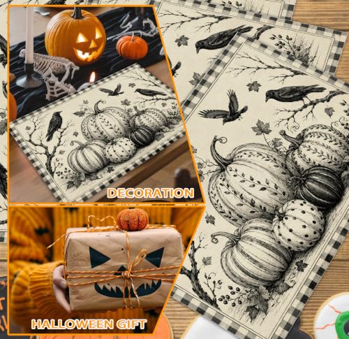 Halloween Placemats Set of 4 Crow Pumpkin Linen Table Mats Gingham 18x12 (4 Count)