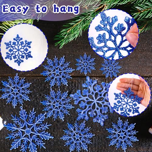 Christmas Tree Decorations Snowflake Ornaments 36Pcs Blue Silver Glitter Plastic Hanging Snowflakes from Ceiling Snow Flakes Decorating Hanging for Winter Wonderland Decorations Indoor Outdoor Decor (36 Count)