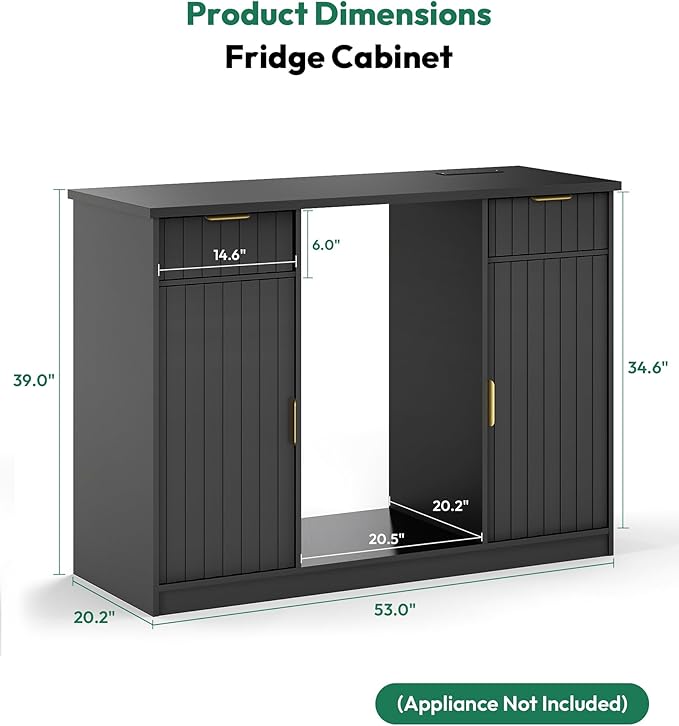 53" Fluted Coffee Bar Cabinet with Fridge Space - Wine Bar Cabinet with Drawer & Door Storage, Mini Fridge Stand with Power Outlet for Kitchen Dining Room, Black