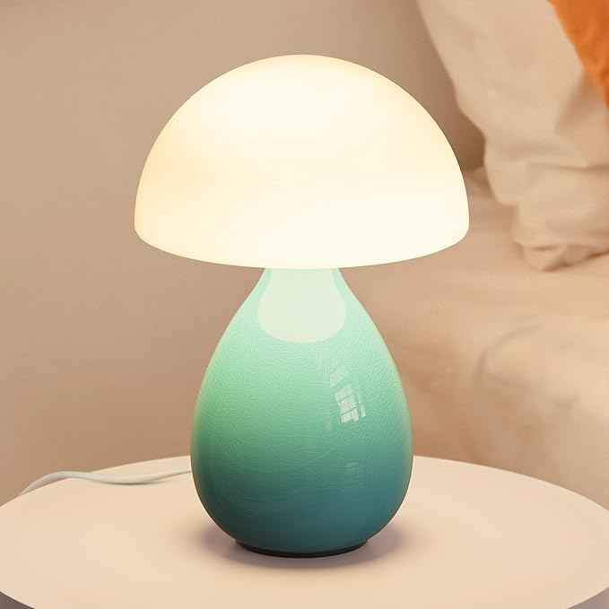 Mushroom Side Table Lamp, Mini Modern Lamp Small Vintage Table Bedside Nightstand Light, Small Light Dimmable for Bedroom, Living Room, Ceramic Base Glass Led Home Decor for Woman Gifts