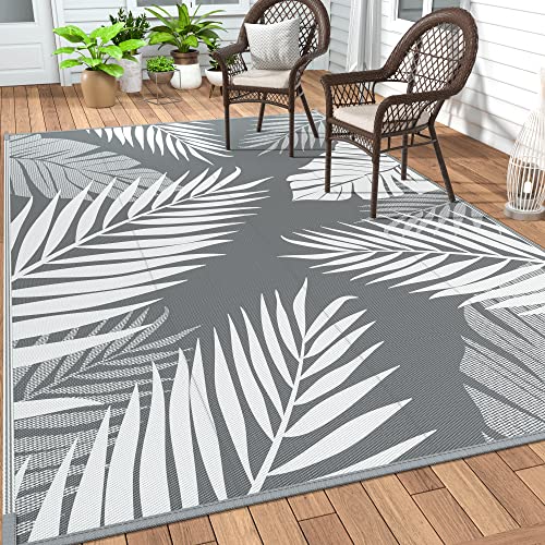 Outdoor Rug Waterproof Plastic Rugs 10'x14' for Camping Grey White