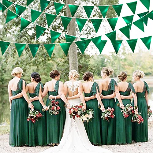 Green Party Decorations Triangle Pennant Banner Flag Dark Green Metallic Fabric Bunting Garland for Graduation Wedding Bridal Shower Birthday Baby Shower Holiday Retirement Game Party Supplies (36 Count)