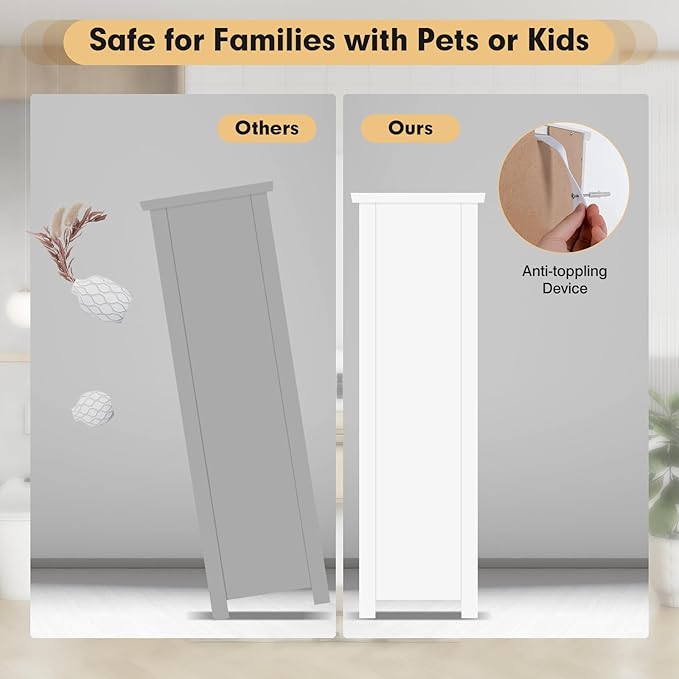 COSTWAY Bathroom Storage Cabinet, Freestanding Narrow Storage Organizer with Open Shelf & Adjustable Shelf, Small Slim Floor Cabinet for Bathroom, Living Room, Entryway, Office, White