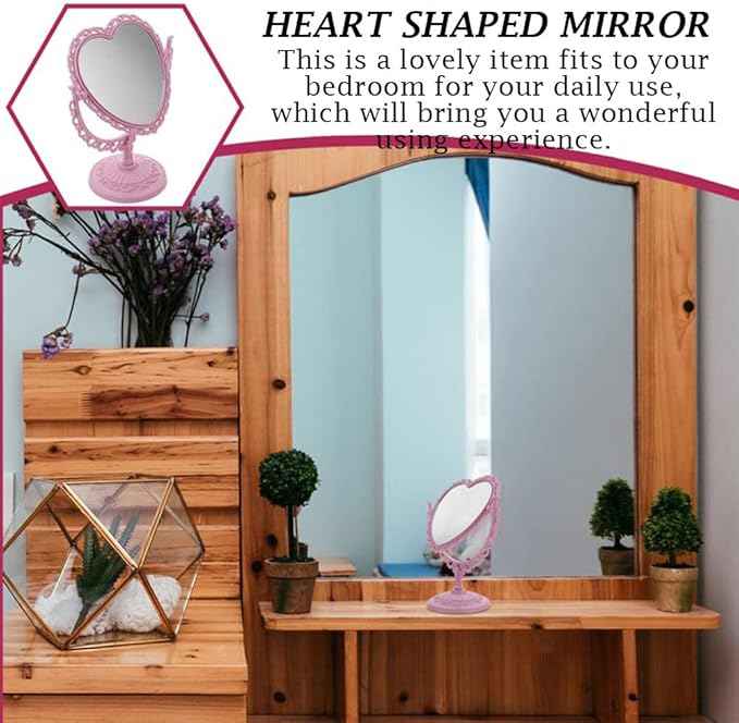 AKOAK Heart-Shaped Cosmetic Mirror - Plastic, Double-Sided, Rotatable, Lightweight - Bathroom & Bedroom Mirror (Pink)