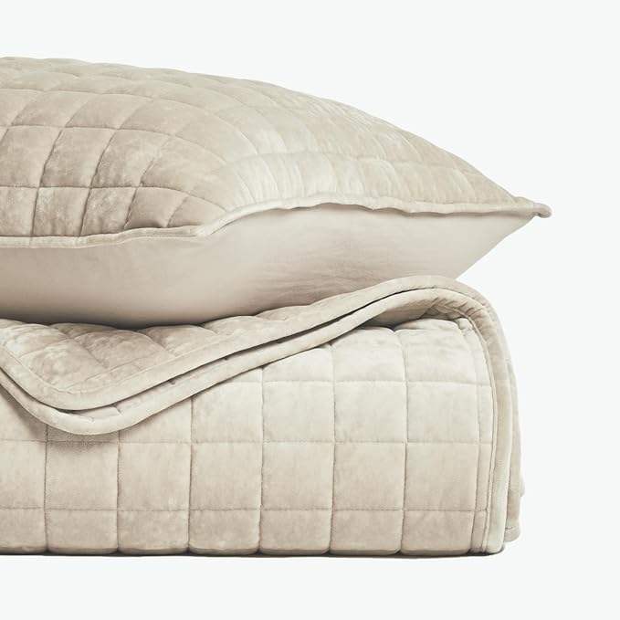 RECYCO Luxury Velvet Quilt Set, California King 118'' x 106'' Oversized Bedspread, Ultra Soft Velvet Comforter, Lightweight Box Stitch Bedding Sets for All Season, with 2 Shams, Beige