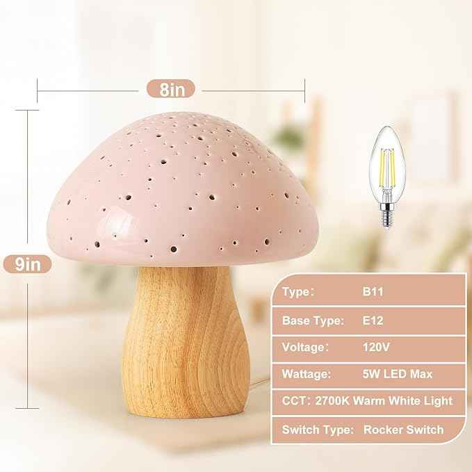BOHON Mushroom Lamp, Ceramic Bedside Table Lamp for Bedroom Nightstand, Vintage Cute Night Light, Small Lamp for Living Room Kids Desk Home Decor Girls Mother's Day Gifts, LED Bulb Included, Pink