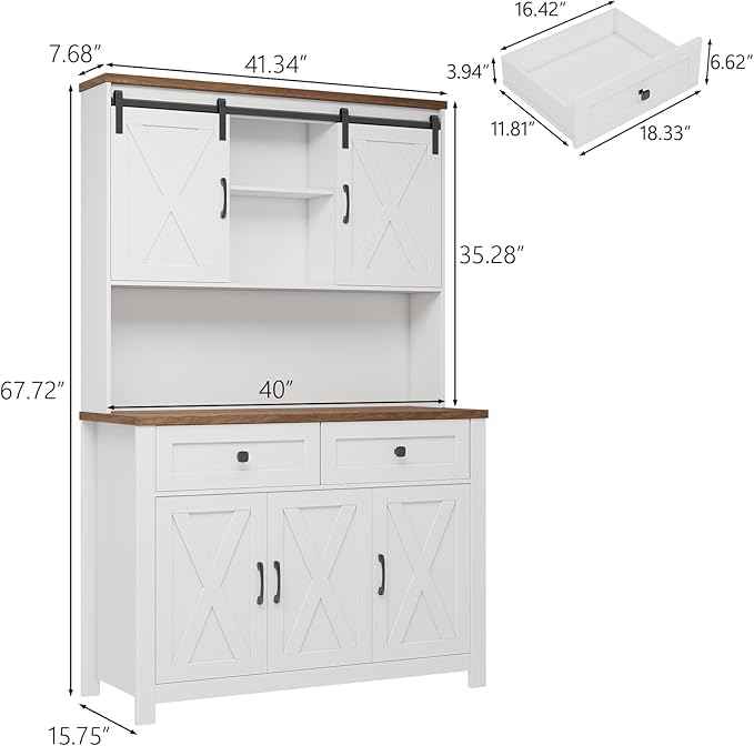 Vabches 67.7 Inch Farmhouse Pantry Storage Cabinet with Sliding Barn Doors, 2 Drawer Farmhouse Coffee Cabinet with Adjustable Shelf, Side Board with Buffet Cupboard for Kitchen, Livingroom, White