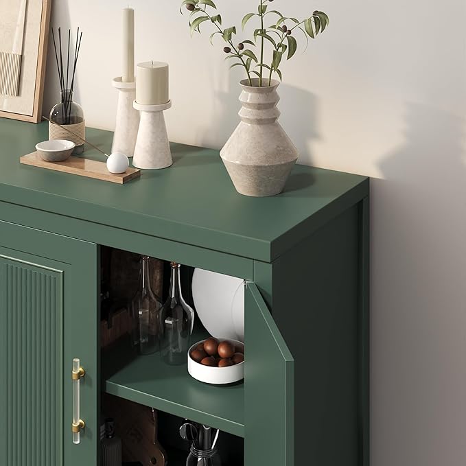 55" Buffet Cabinet with Storage, Modern Fluted Door Design Sideboard Buffet Cabinet with Adjustable Shelf, Coffee Bar Station for Kitchen, Dining Room, Green