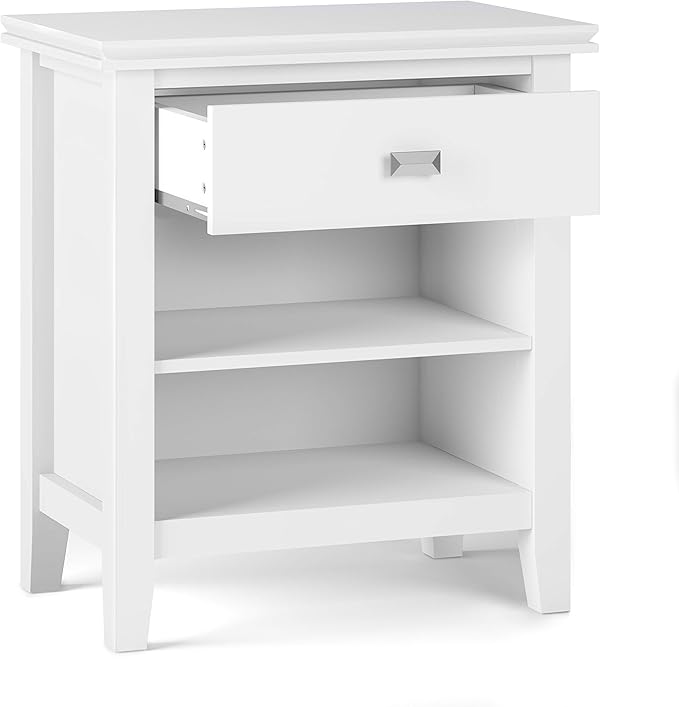 SIMPLIHOME Artisan Bedside Table - 24 inch Wide Solid Wood Nightstand Table in White, Contemporary Bedroom Side or End Table with 1 Drawer, Open Shelf Storage and Bronze Knobs