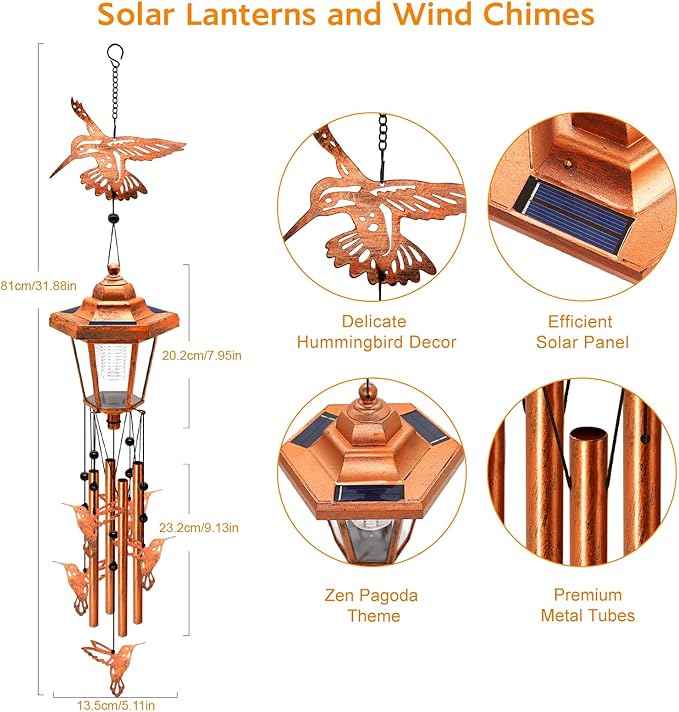 Hummingbird Solar Wind Chimes for Outside, Birthday Gifts for Mom Women Grandma Mother's Day Memorial, 34-Inch Windchimes with Wind Spinner, Outdoor Hanging Solar Lights Waterproof Yard Garden Decor
