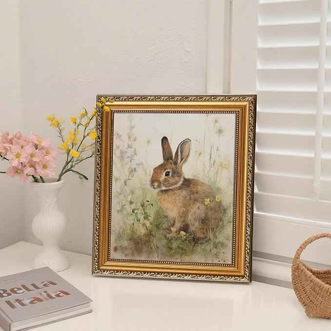 uniro Vintage Gold Framed Wall Art for Home Decor, Farmhouse Decor Easter Bunny Canvas Art Prints Painting, Antique Neutral Rabbit Picture Wall Decor, Rustic Animal Nursery Frame Art for Bedroom, Gallary, Living Room, Office, Cottagecore decor - 8x10Inch