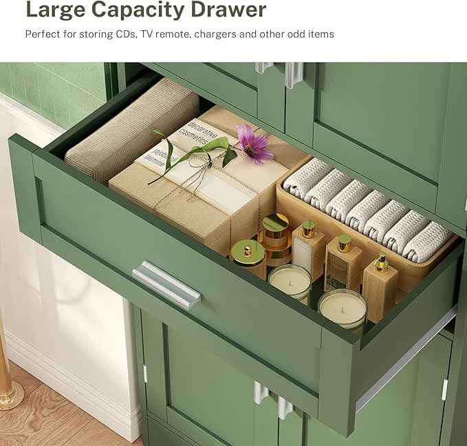 TEENFON Bathroom Floor Storage Cabinet with Adjustable Shelf, Freestanding Storage Cabinet with 4 Doors, Cupboard for Living Room, Home Office, Entryway, Forest Green