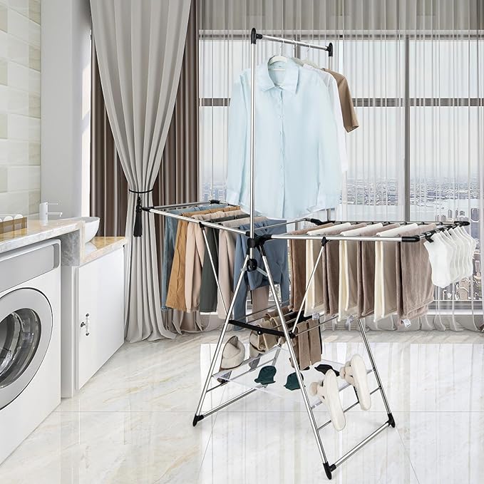 Tangkula 2-Layer Stainless Steel Drying Rack, Foldable Laundry Rack w/ 1 Hanging Bar & 2 Height-Adjustable Wings, 23 Drying Rails, Netting Clothe Drying Rack, No Assembly Required