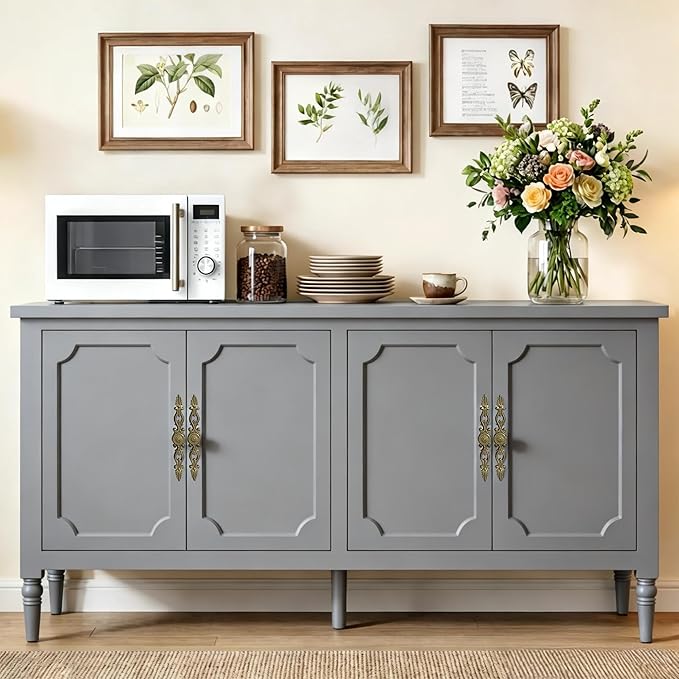 RoyalCraft 59" Buffet Cabinet with Storage, Vintage Sideboard with Adjustable Shelves & Carved Handle, Mid Century Modern Painted Credenza Coffee Bar for Kitchen, Dining Room, Dove Gray