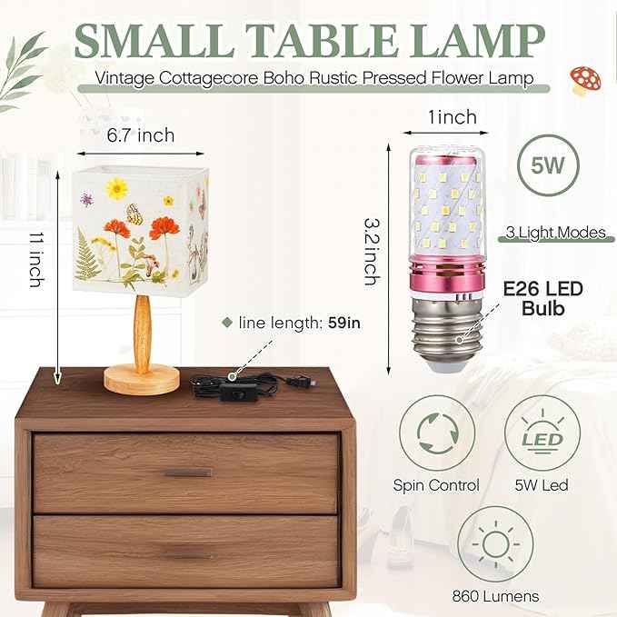 Hortsun Pressed Flower Lamp Vintage Table Small Lamp Cottagecore Decor Boho Night Light Decorative Rustic Night Light for Bedroom, Living Room or Office, Valentine Gift for Women(Square)