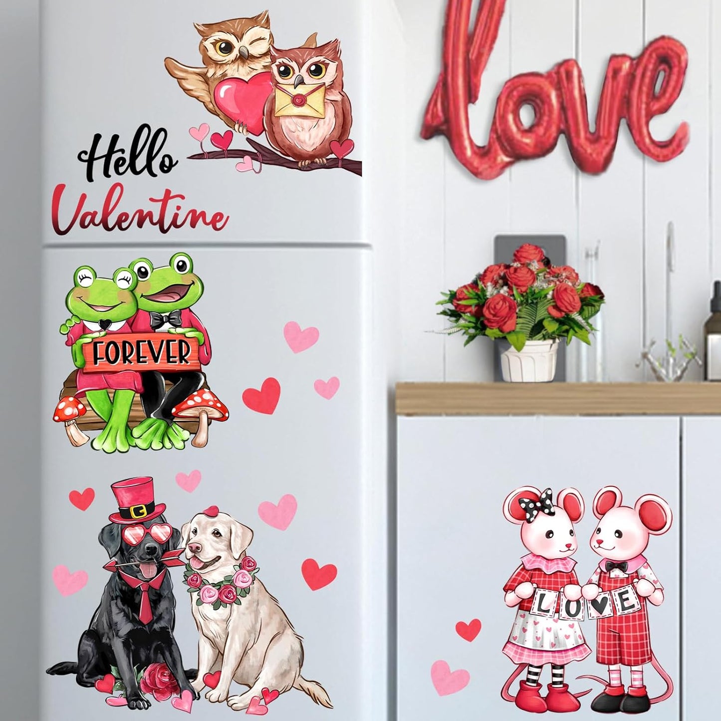 Mfault Valentines Day Animals Window Clings 4 Sheets, Hello Valentine Labrador Dog Frog Cartoon Mouse Owl Stickers Decals Decorations, Love Hearts Anniversary Wedding Home Kitchen Decor Party Supplies