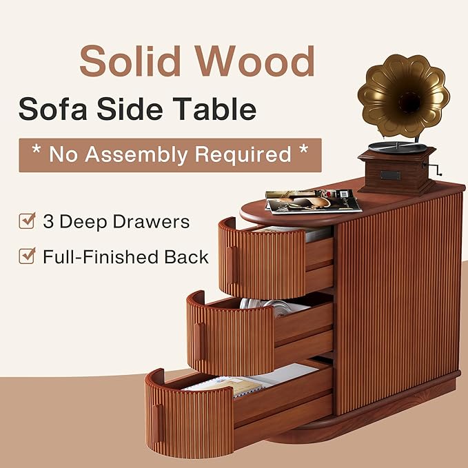 Tribesigns 3-Drawer Wooden End Table, Modern Sofa Side Table, Narrow Chair Side Table Slim Nightstand for Living Room, Bedroom, Finished Back, No Assembly Required, Walnut