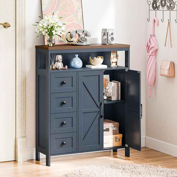 Vabches Farmhouse Storage Cabinet with 2 Doors and 4 Drawers, Freestanding Bathroom Compartment Kitchen Pantry Cabinet, Floor Cupboard for Kitchen/Living Room/Bathroom,Blue