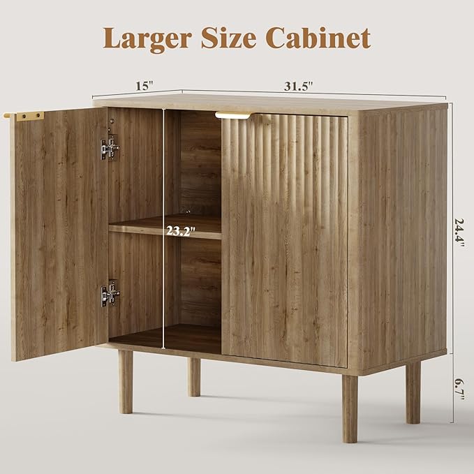 Sideboard Buffet Cabinet with Storage, Modern Fluted Accent Credenza with Doors & Adjustable Shelves, Wood Coffee Bar Console Table for Living Room, Dining Room, Kitchen or Entryway 31.5" Oak